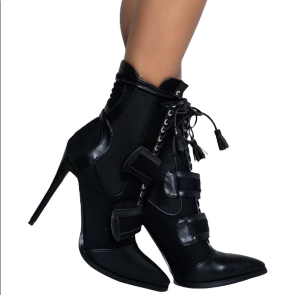 Dolls Kill Black Vegan Leather Pointed Toe High Heel Ankle Booties - Picture 4 of 4